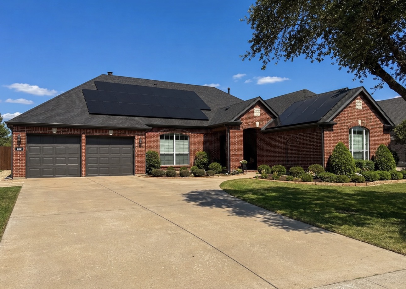 Red brick Texas home with black rooftop solar panels installed by Expert Solar and Repair
